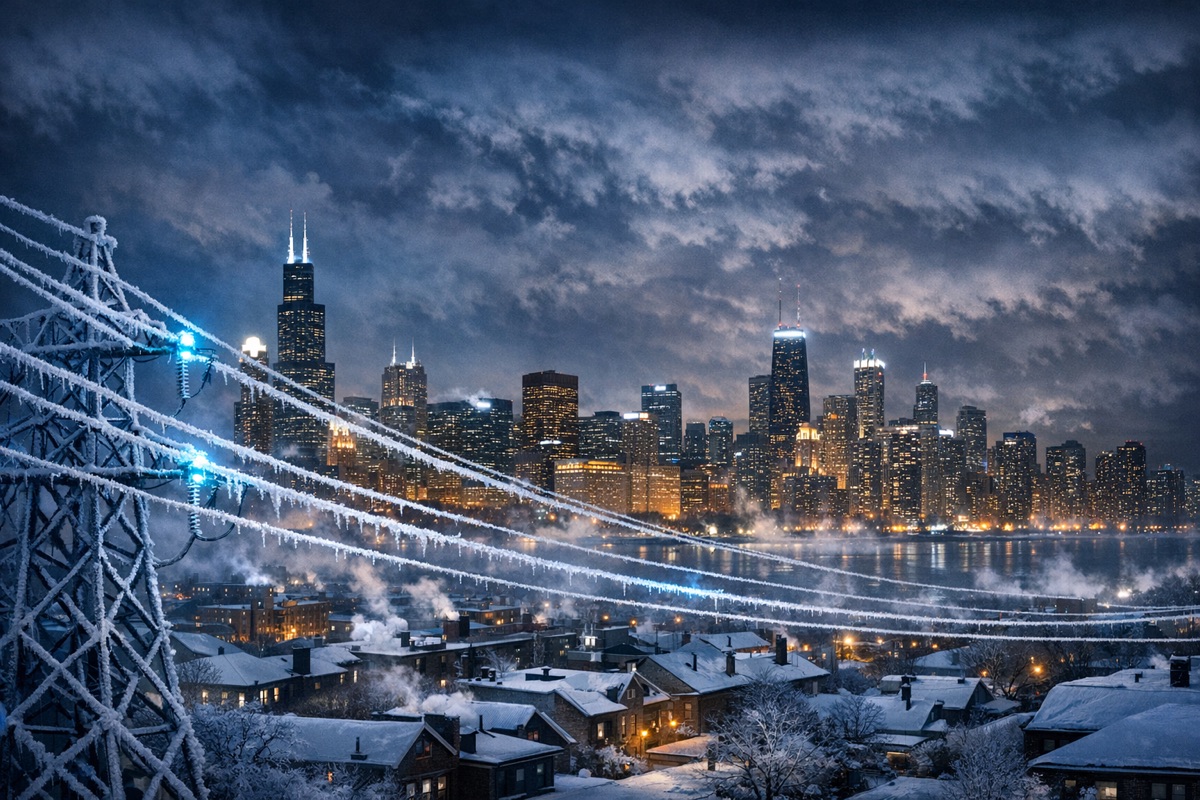Chicago skyline on a frigid winter night with frosted power lines glowing blue across snow-covered rooftops