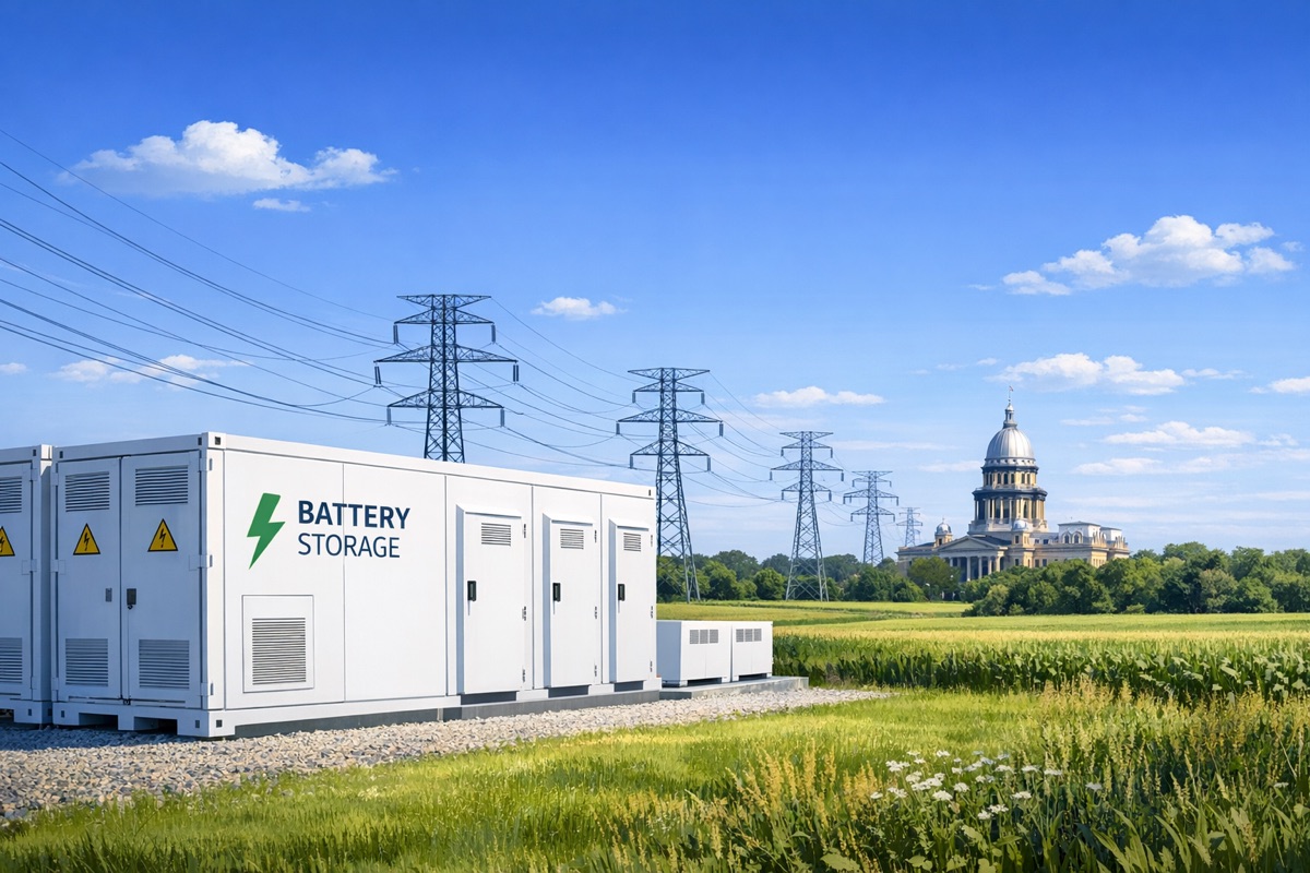 Battery storage facility with transmission lines and the Illinois State Capitol in the background